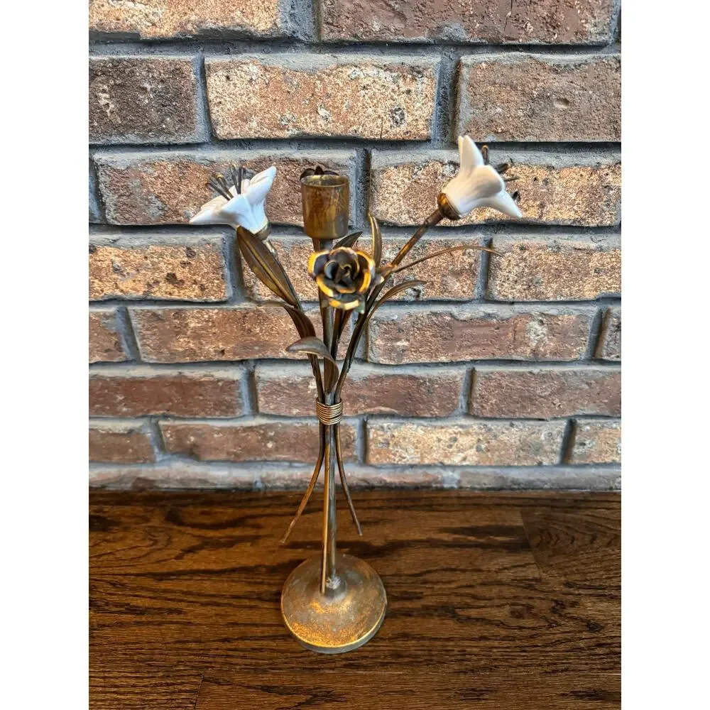 VINTAGE French Ceramic Lilies Bronze Tone Rose Hollywood Regency Candle Holder